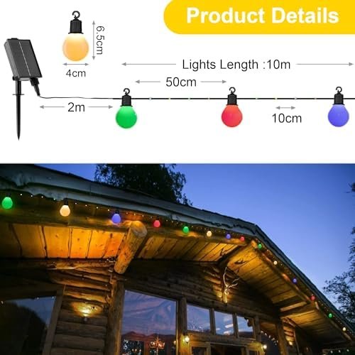 Ghirlandă solară LED Litark 10 m, 100 LED-uri, 20 becuri G40, multicolor, telecomandă, USB, IP65 - imagine 6